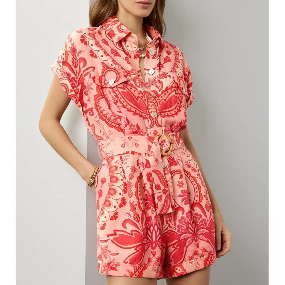 FARM Rio Jaipur Romper Linen Floral Short Sleeve Collared Button Front Red XL